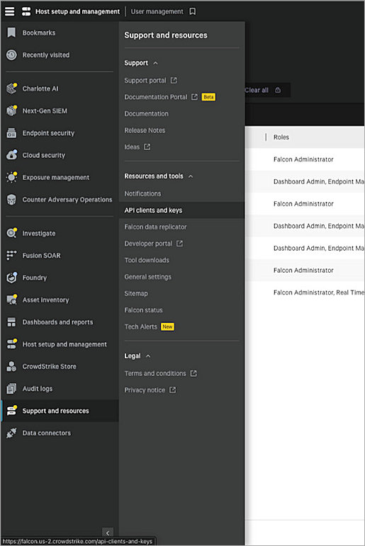 Screen shot of the CrowdStrike Falcon Support and resources page with API clients and keys highlighted